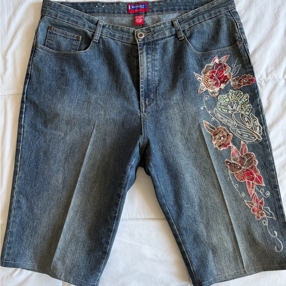 Westport Blue Jean Shorts with Floral Embroidery
